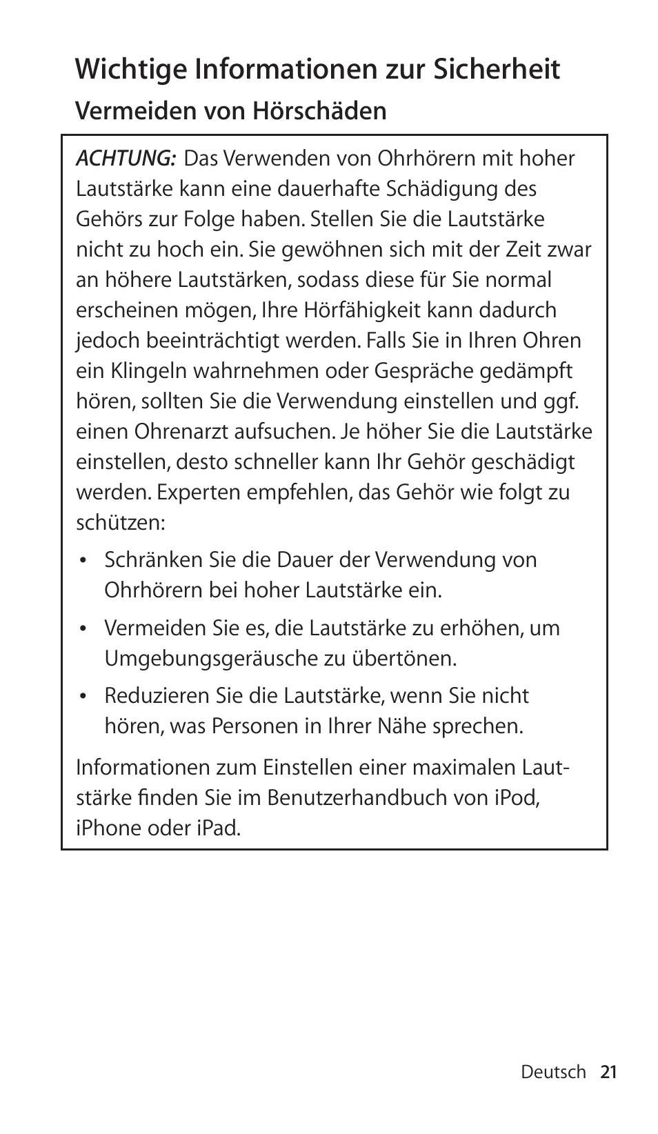 Wichtigeâinformationenâzurâsicherheit | Apple Earphones with Remote and Mic User Manual | Page 21 / 36