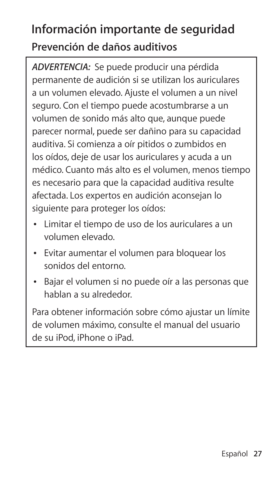 Informaciónâimportanteâdeâseguridad | Apple Earphones with Remote and Mic User Manual | Page 27 / 36