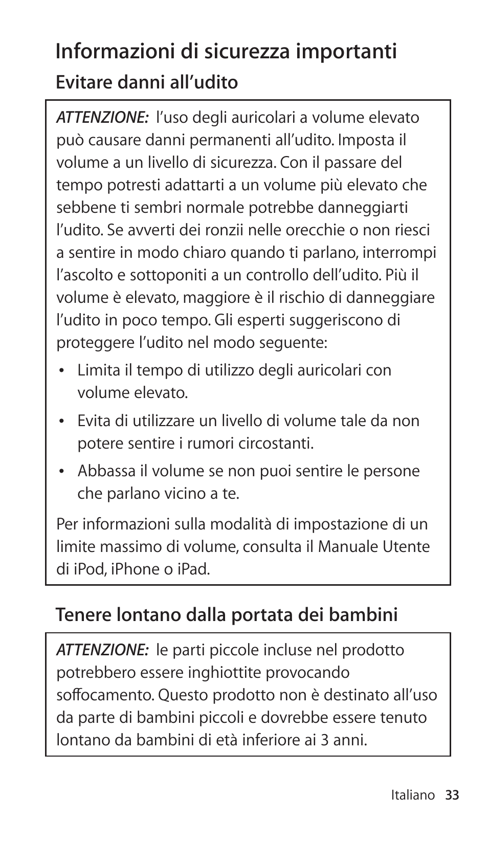 Informazioniâdiâsicurezzaâimportanti | Apple Earphones with Remote and Mic User Manual | Page 33 / 36