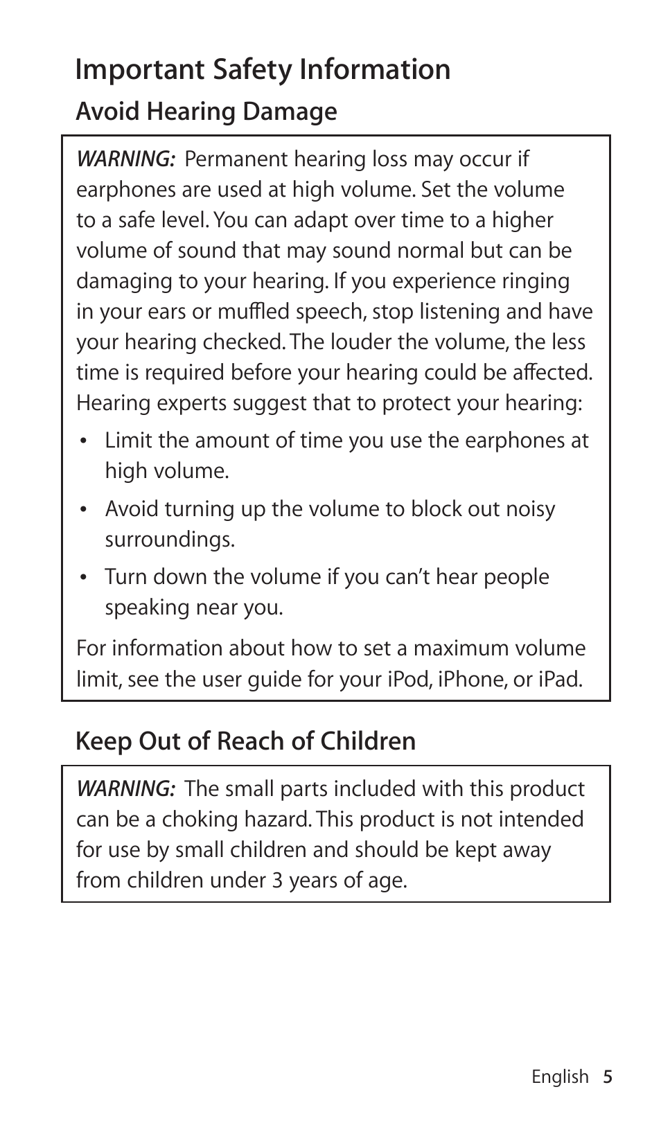 Importantâsafetyâinformation | Apple Earphones with Remote and Mic User Manual | Page 5 / 36