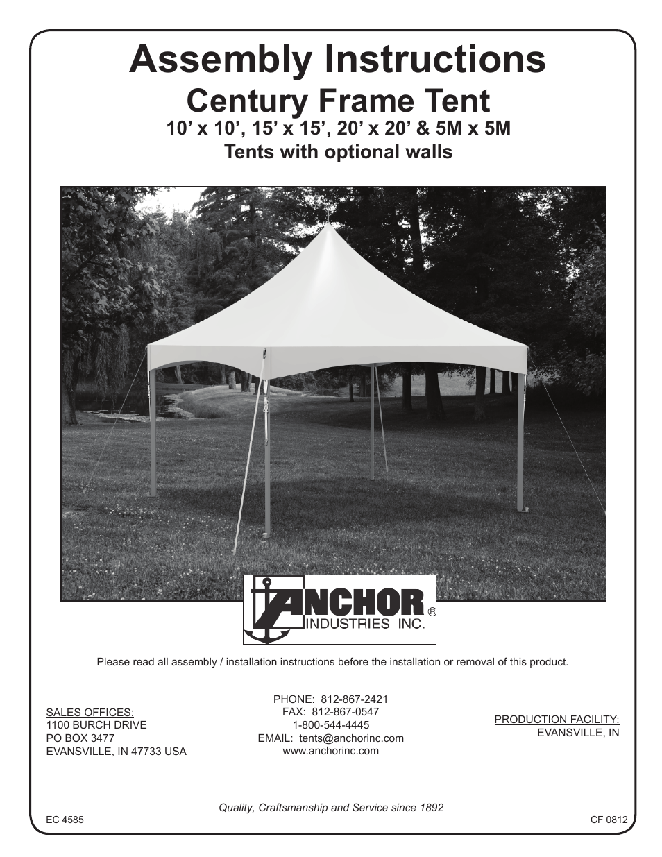 Anchor CENTURY FRAME TENTS 10X10, 15X15, 5M AND 20X20 User Manual | 8 pages