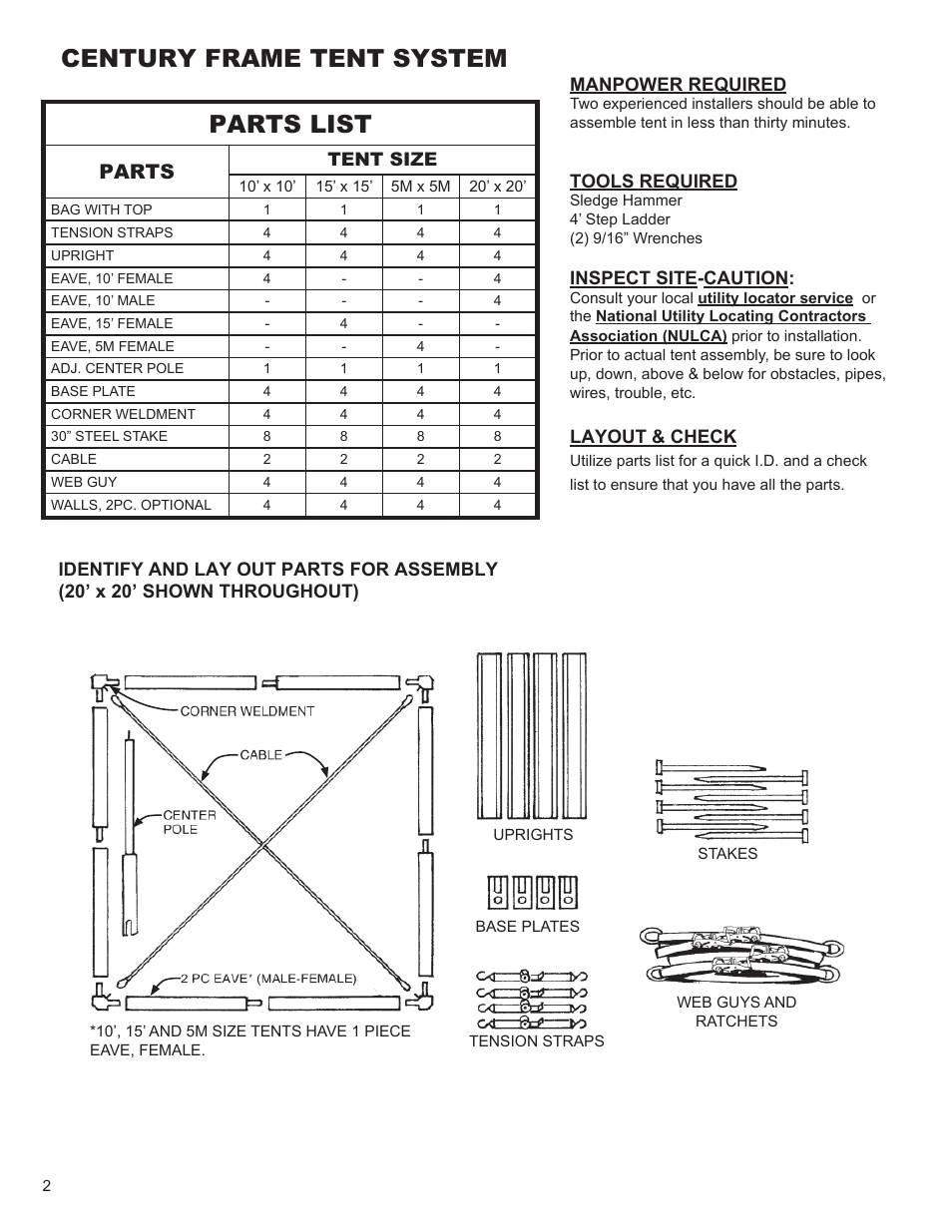 Parts list, Century frame tent system, Parts | Anchor CENTURY FRAME TENTS 10X10, 15X15, 5M AND 20X20 User Manual | Page 2 / 8