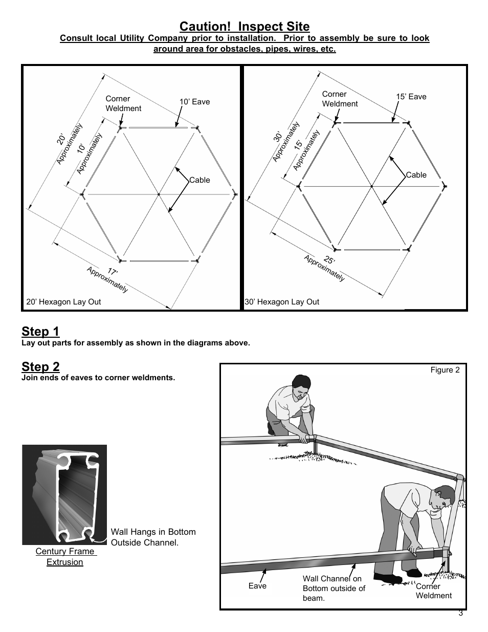 Step 1, Step 2, Caution! inspect site | Anchor CENTURY FRAME TENTS 20 AND 30 HEX User Manual | Page 3 / 8