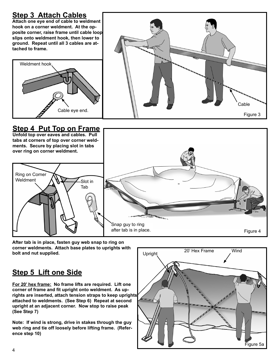 Step 3 attach cables, Step 4 put top on frame, Step 5 lift one side | Anchor CENTURY FRAME TENTS 20 AND 30 HEX User Manual | Page 4 / 8