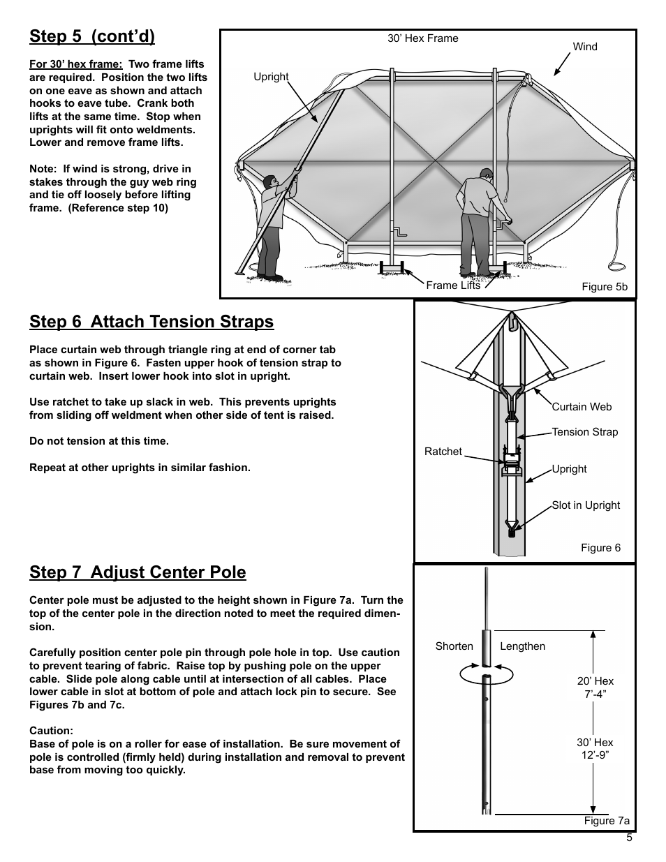 Step 5 (cont’d), Step 6 attach tension straps, Step 7 adjust center pole | Anchor CENTURY FRAME TENTS 20 AND 30 HEX User Manual | Page 5 / 8
