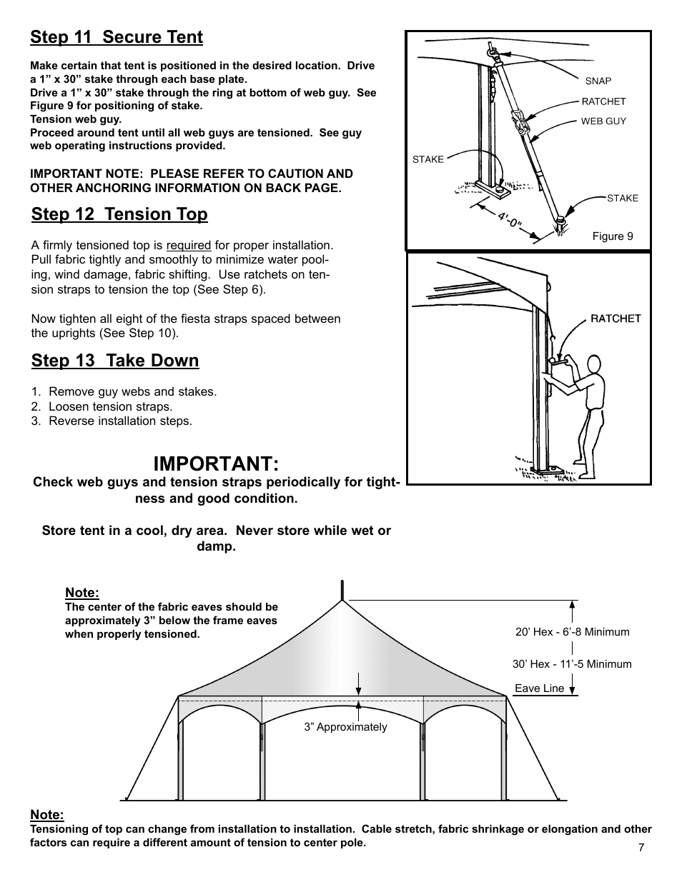 Important, Step 11 secure tent, Step 12 tension top | Step 13 take down | Anchor CENTURY FRAME TENTS 20 AND 30 HEX User Manual | Page 7 / 8