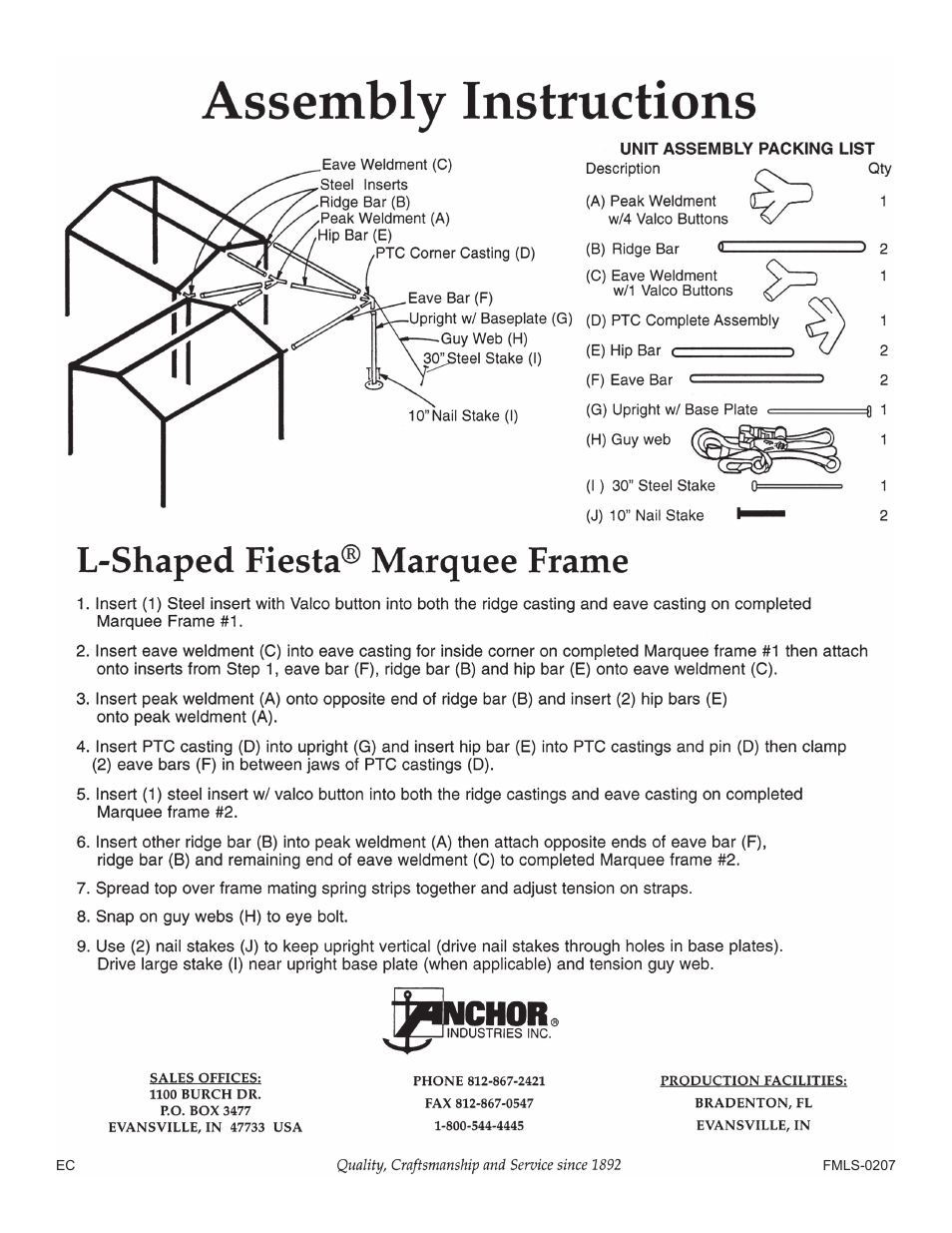 Anchor FIESTA MARQUEE L-SHAPED User Manual | 2 pages