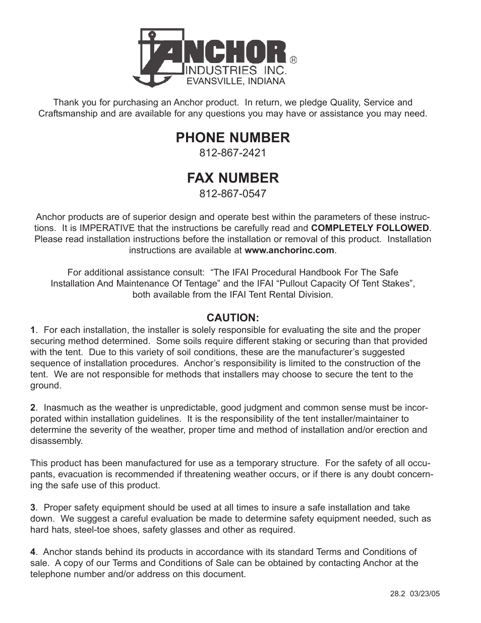 Phone number, Fax number | Anchor FIESTA MARQUEE L-SHAPED User Manual | Page 2 / 2