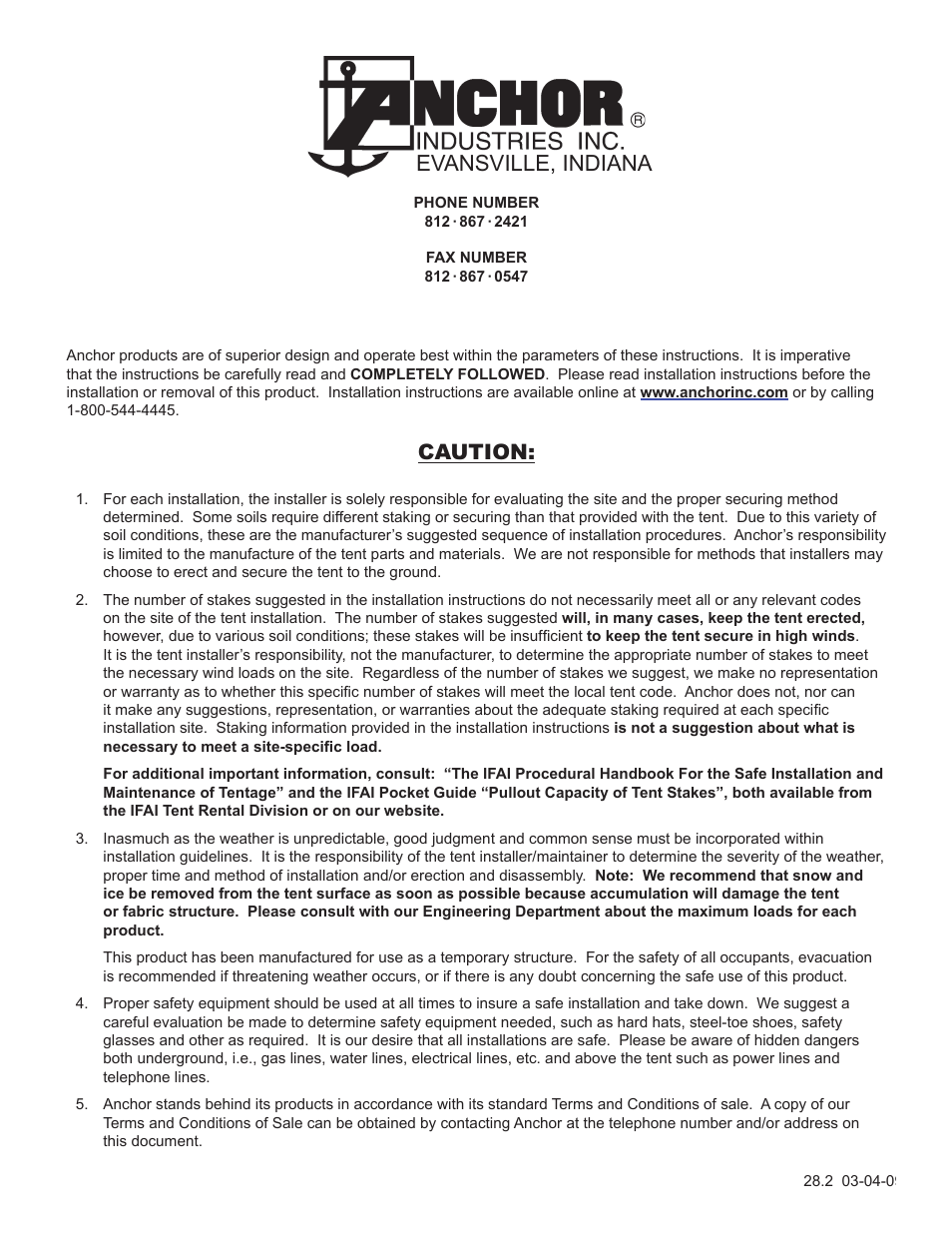 Evansville, indiana, Caution | Anchor FIESTA PAVILION 10, 12 & 14 WIDE X 15 LENGTH User Manual | Page 8 / 8