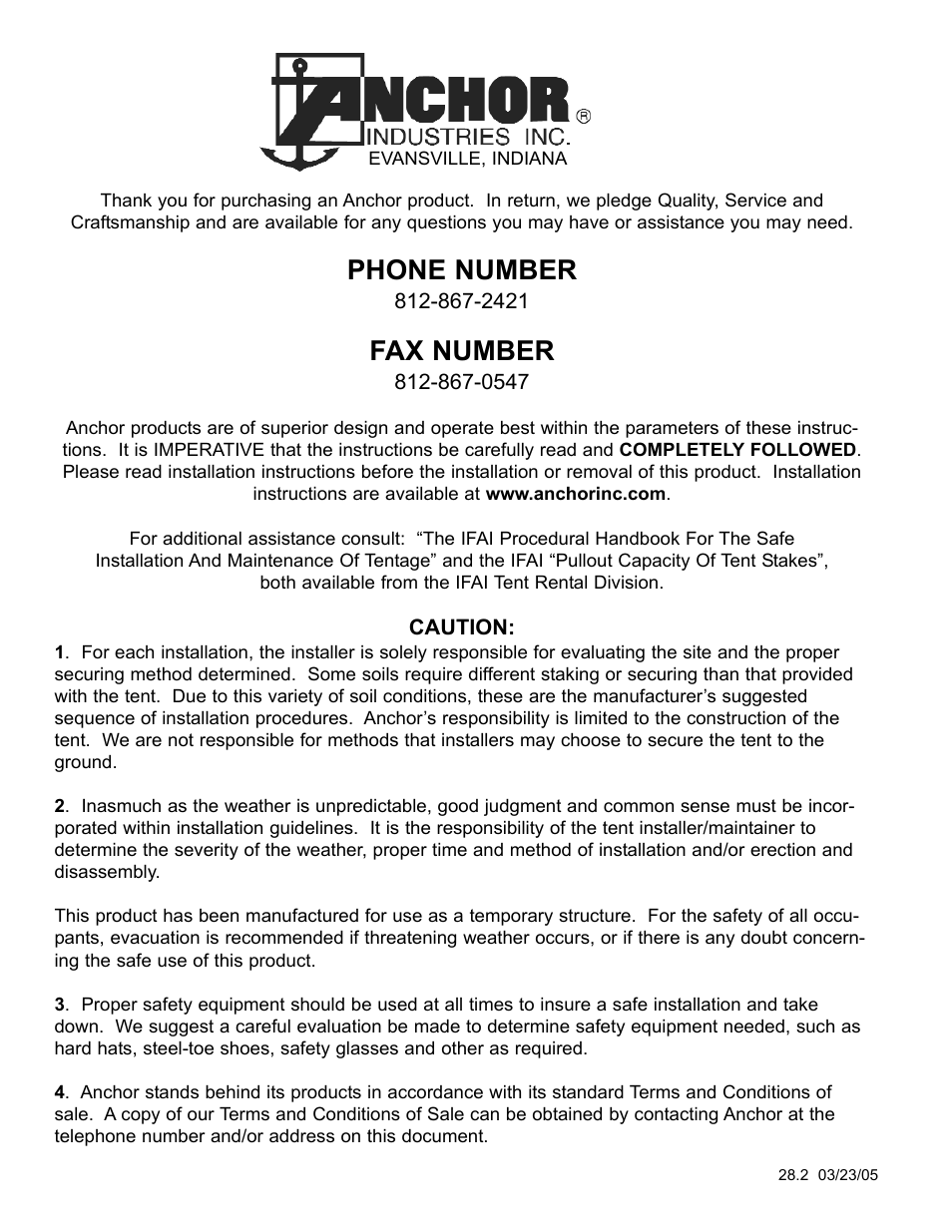Phone number, Fax number | Anchor FIESTA FRAME TENT 8-16 User Manual | Page 8 / 8