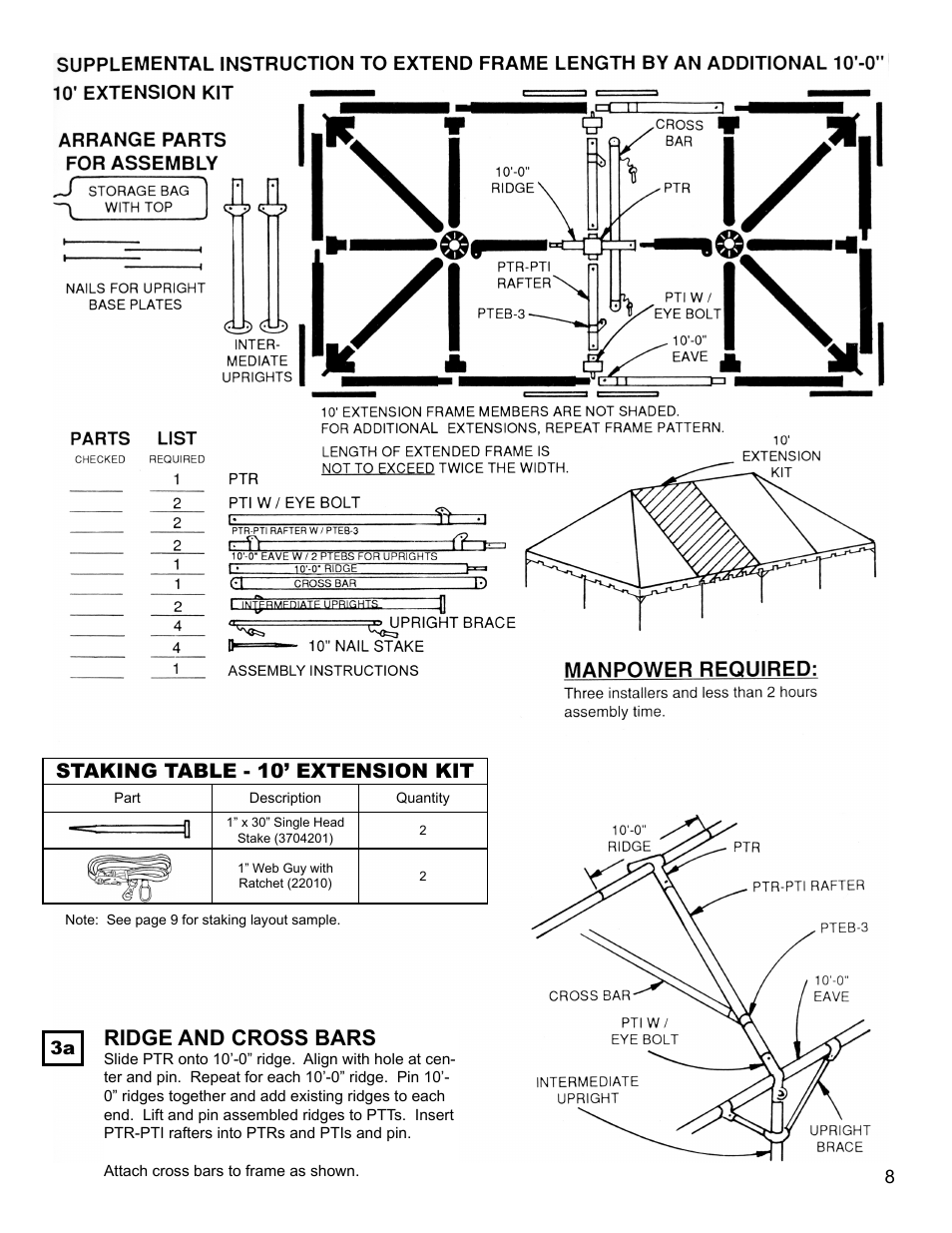 Ridge and cross bars, Staking table - 10’ extension kit | Anchor FIESTA FRAME TENT 18-22 User Manual | Page 8 / 10