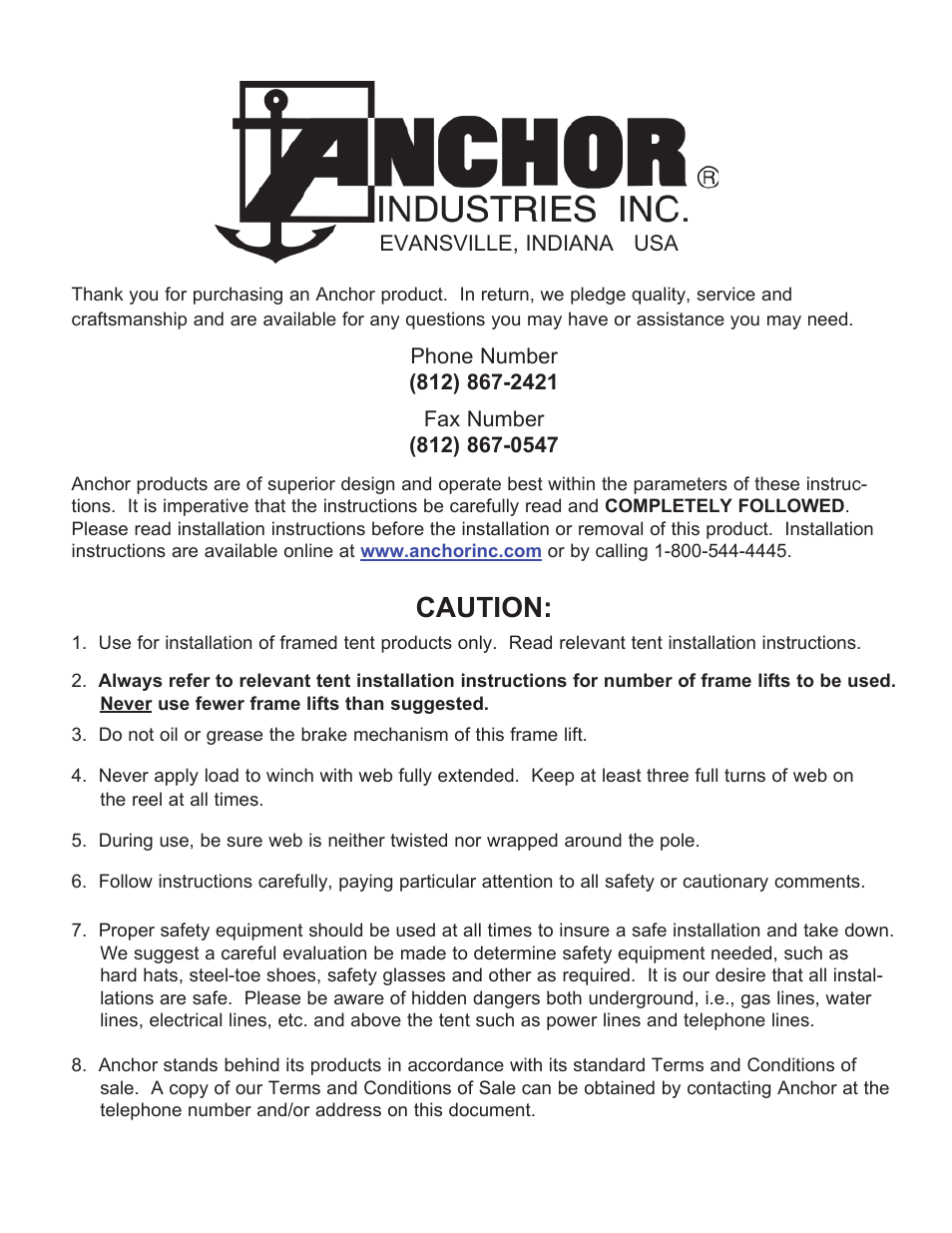 Caution | Anchor FIESTA FRAME TENT LIFT User Manual | Page 4 / 4