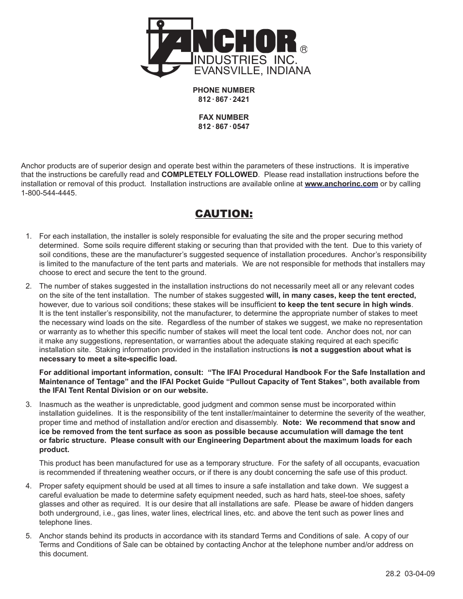 Evansville, indiana, Caution | Anchor FIESTA FRAME TENT HIGH PEAK User Manual | Page 4 / 4