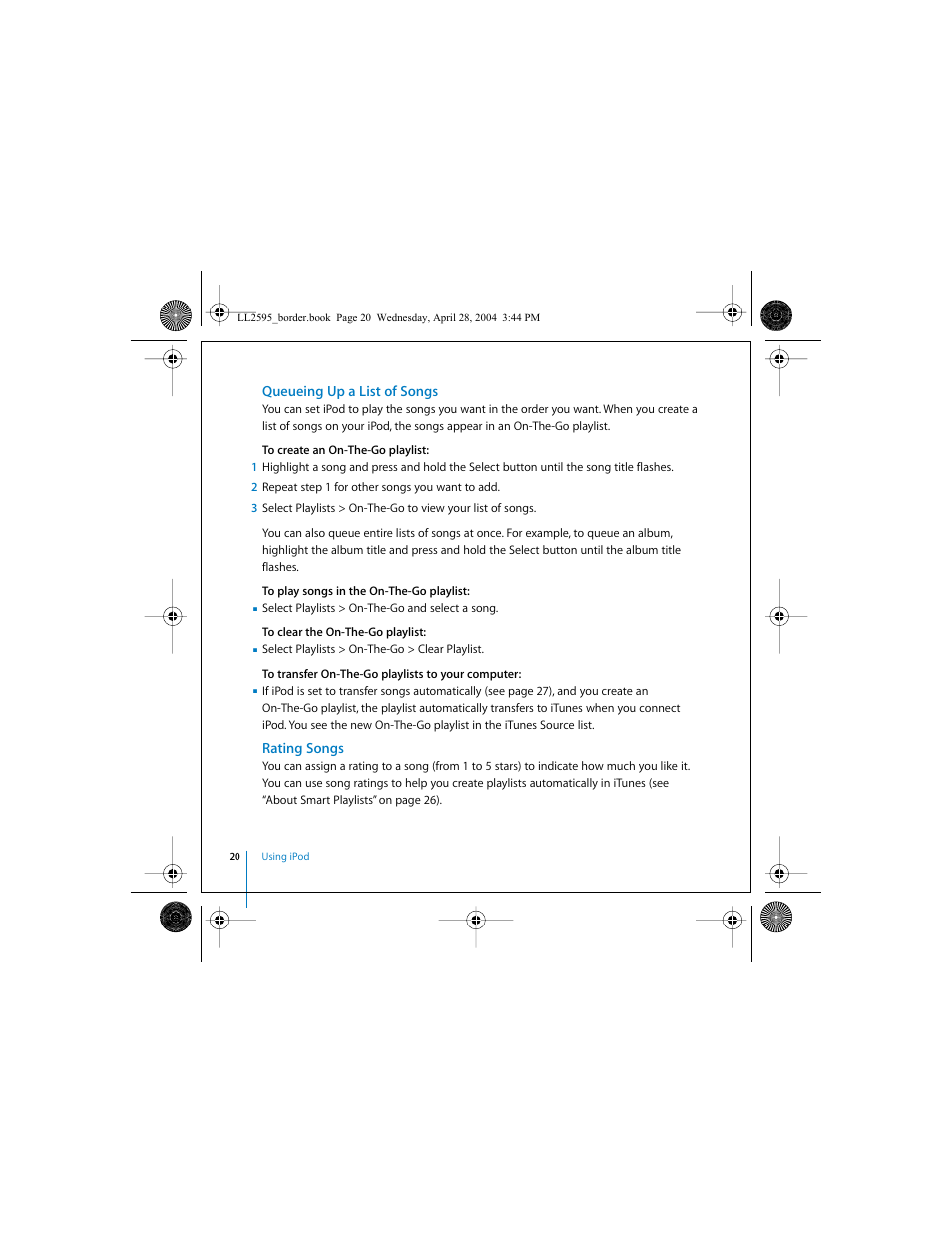 Queueing up a list of songs, Rating songs | Apple iPod User Manual | Page 20 / 64