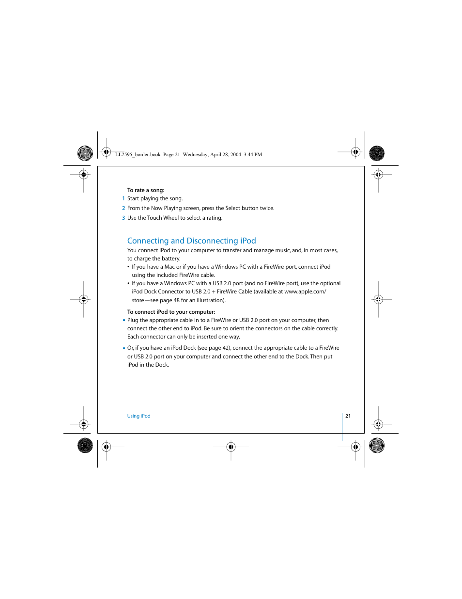 Connecting and disconnecting ipod | Apple iPod User Manual | Page 21 / 64