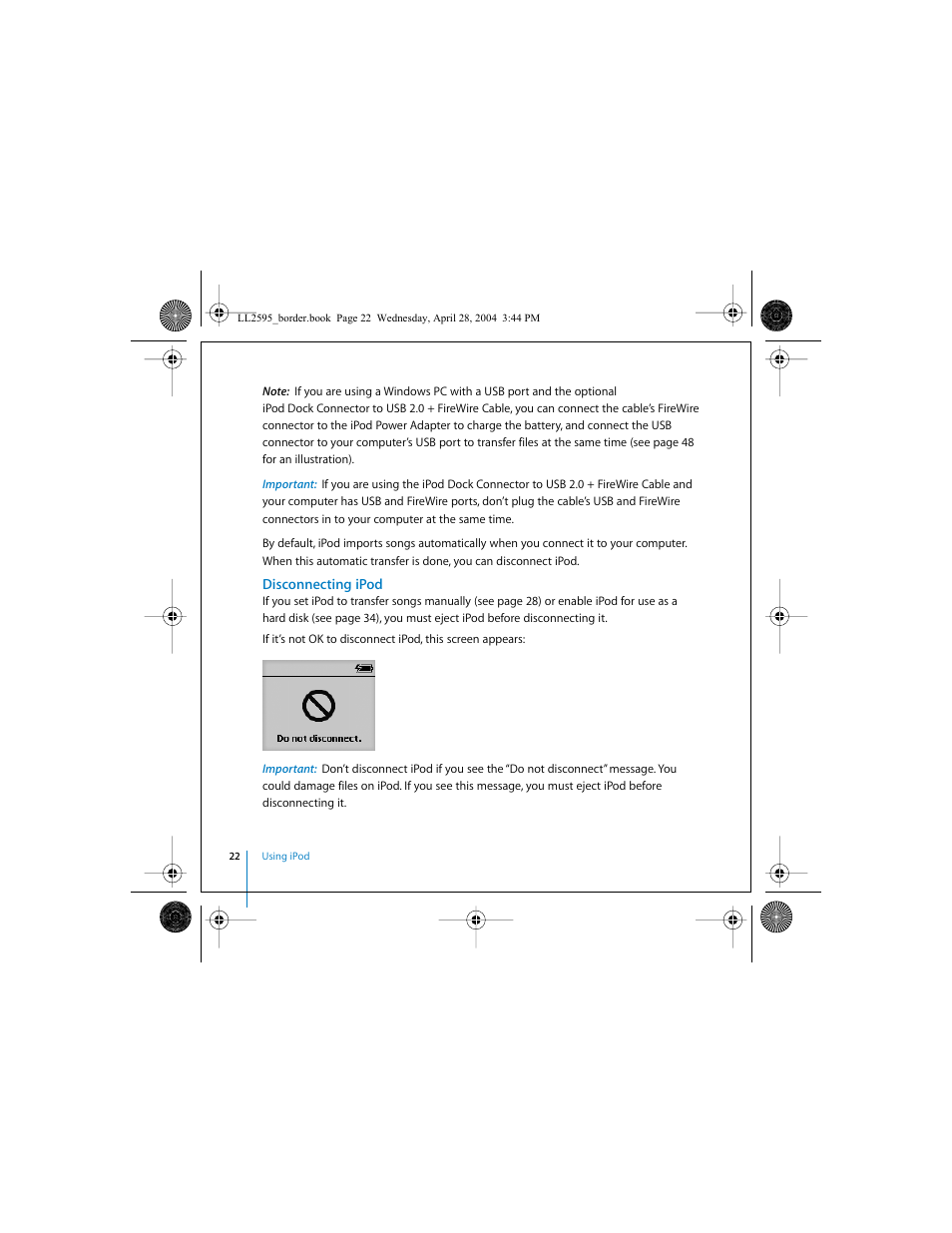 Disconnecting ipod | Apple iPod User Manual | Page 22 / 64