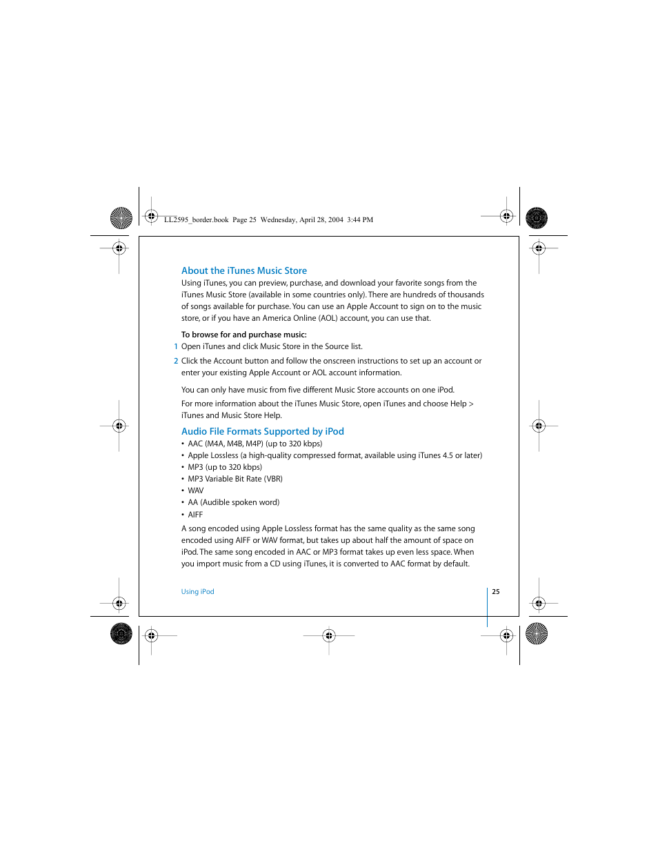 About the itunes music store, Audio file formats supported by ipod | Apple iPod User Manual | Page 25 / 64