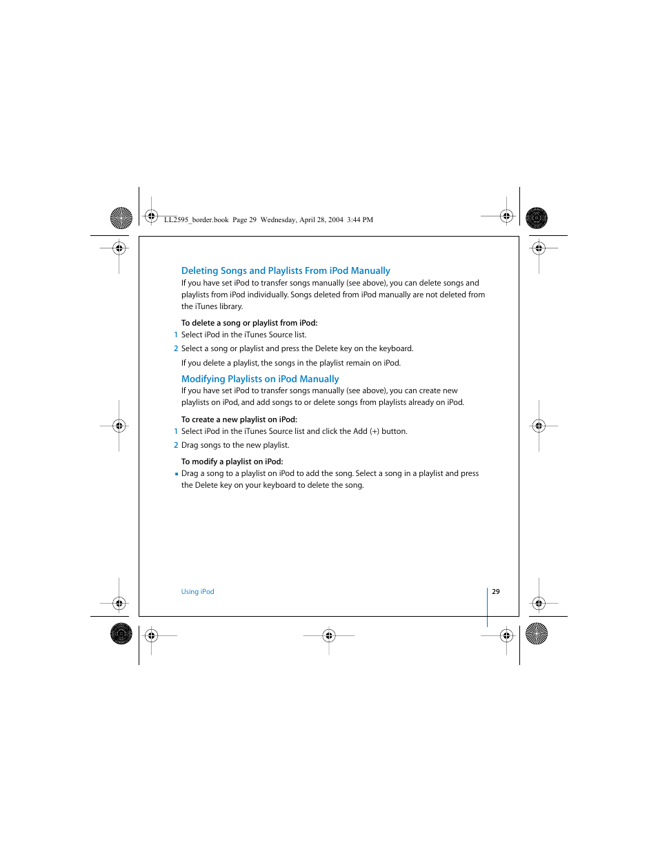 Deleting songs and playlists from ipod manually, Modifying playlists on ipod manually | Apple iPod User Manual | Page 29 / 64