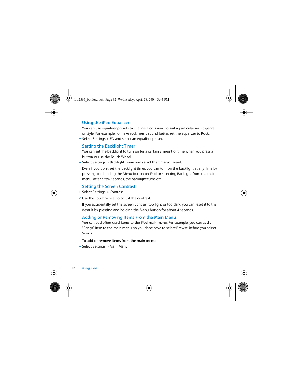 Using the ipod equalizer, Setting the backlight timer, Setting the screen contrast | Adding or removing items from the main menu | Apple iPod User Manual | Page 32 / 64