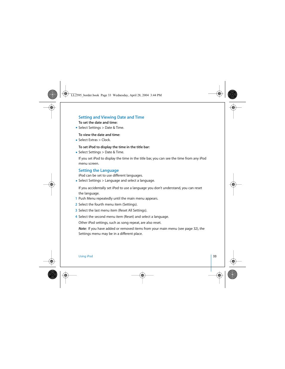 Setting and viewing date and time, Setting the language | Apple iPod User Manual | Page 33 / 64