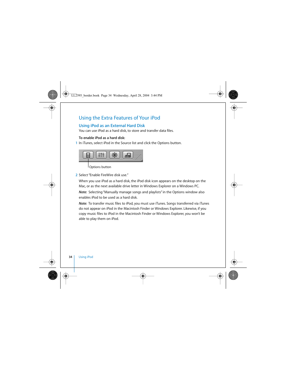 Using the extra features of your ipod, Using ipod as an external hard disk | Apple iPod User Manual | Page 34 / 64