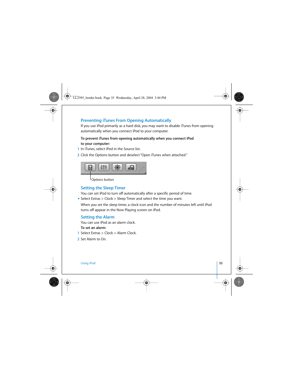 Preventing itunes from opening automatically, Setting the sleep timer, Setting the alarm | Apple iPod User Manual | Page 35 / 64