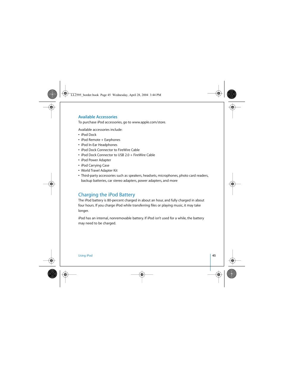 Available accessories, Charging the ipod battery | Apple iPod User Manual | Page 45 / 64