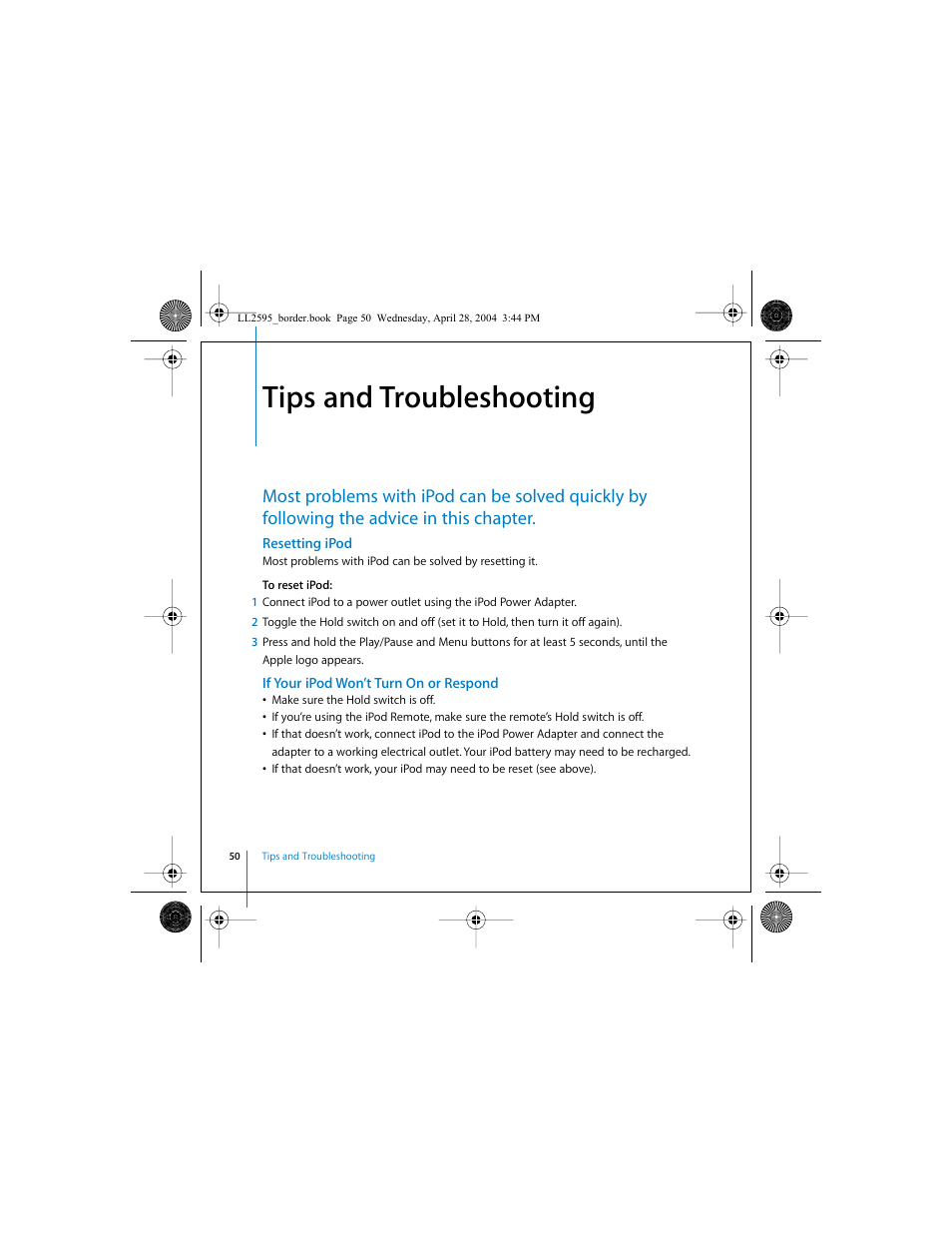 Tips and troubleshooting, Resetting ipod, If your ipod won’t turn on or respond | Apple iPod User Manual | Page 50 / 64