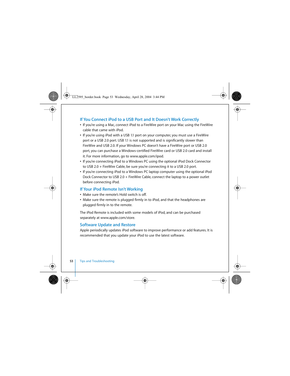 If your ipod remote isn’t working, Software update and restore, Ee “software update | Apple iPod User Manual | Page 53 / 64