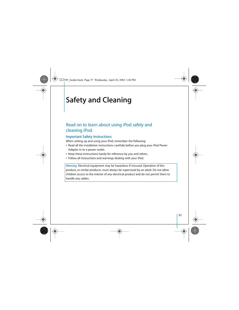 Safety and cleaning, Important safety instructions | Apple iPod User Manual | Page 57 / 64