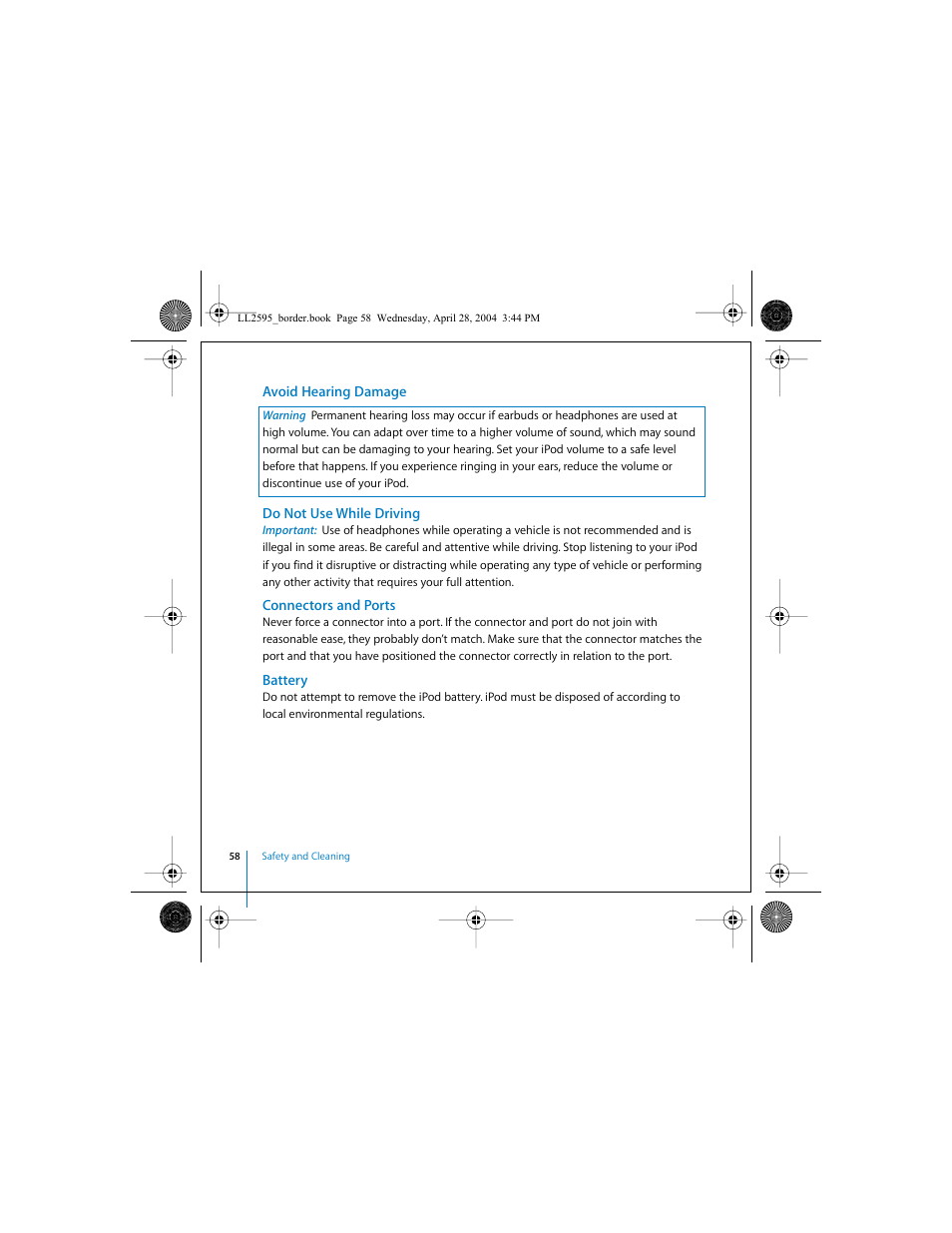 Avoid hearing damage, Do not use while driving, Connectors and ports | Battery | Apple iPod User Manual | Page 58 / 64