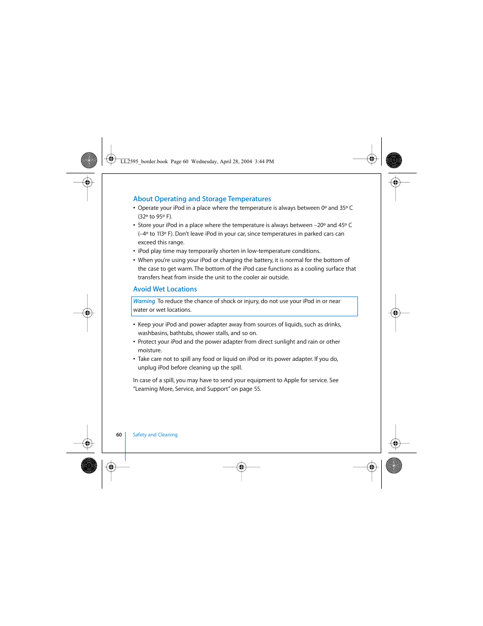 About operating and storage temperatures, Avoid wet locations | Apple iPod User Manual | Page 60 / 64