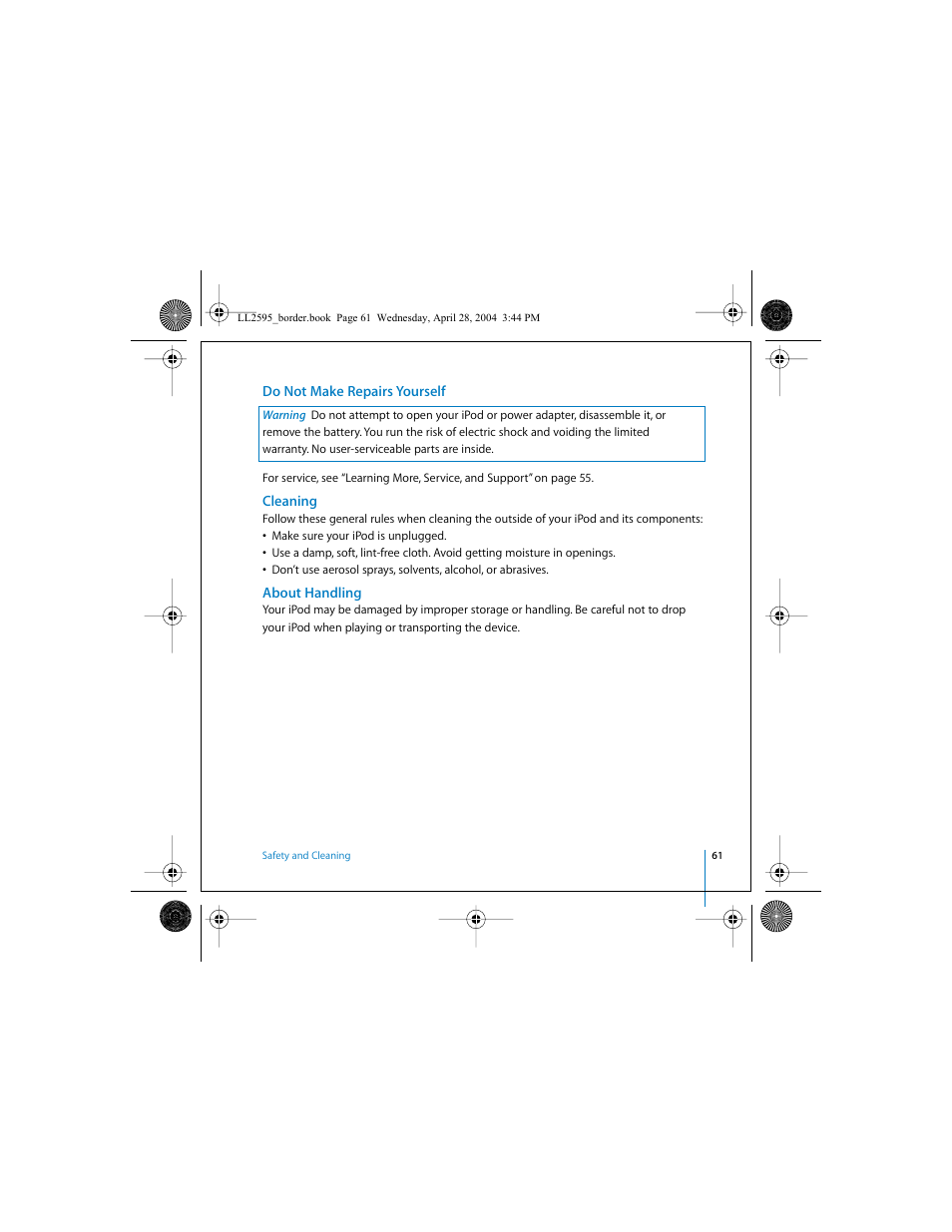 Do not make repairs yourself, Cleaning, About handling | Apple iPod User Manual | Page 61 / 64