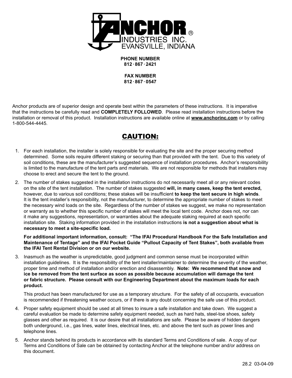 Evansville, indiana, Caution | Anchor CENTURY MATE 20 & 30 WIDE User Manual | Page 5 / 5