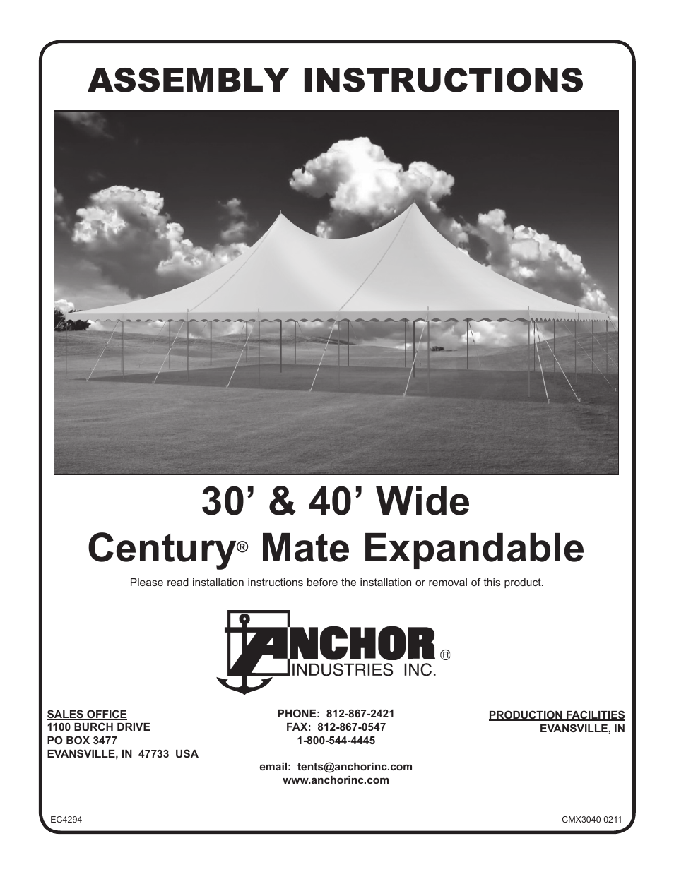 Anchor CENTURY MATE 30 & 40" WIDE EXPANDABLE User Manual | 8 pages