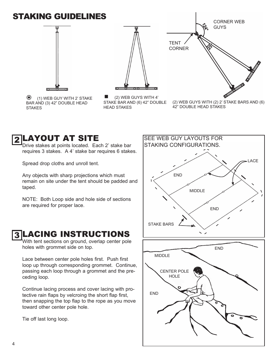 2 layout at site, 3 lacing instructions, Staking guidelines | Anchor CENTURY 40 WIDE User Manual | Page 4 / 9