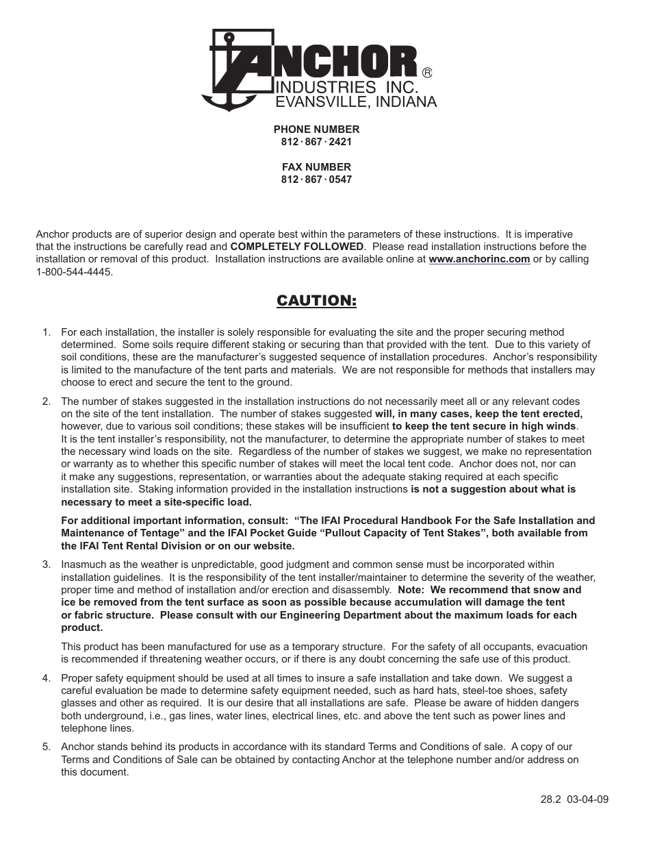 Evansville, indiana, Caution | Anchor CENTURY 40 WIDE User Manual | Page 9 / 9