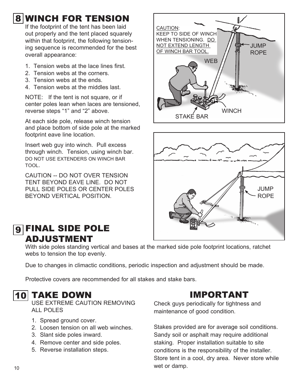 Final side pole adjustment, 10 9 take down, Important | 8 winch for tension | Anchor CENTURY 50 WIDE User Manual | Page 10 / 11