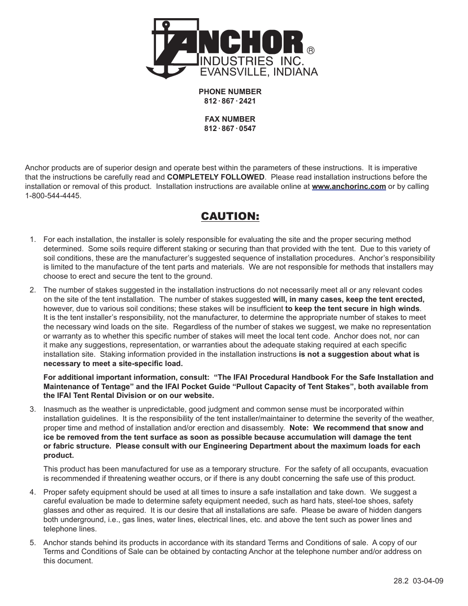 Evansville, indiana, Caution | Anchor CENTURY 50 WIDE User Manual | Page 11 / 11