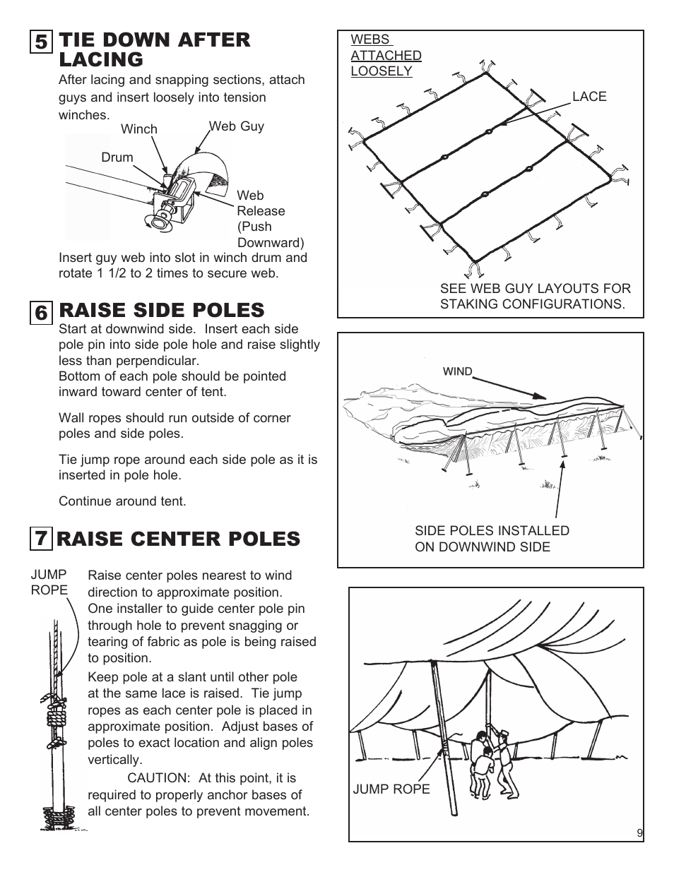 Tie down after lacing, Raise side poles, Raise center poles | Anchor CENTURY 50 WIDE User Manual | Page 9 / 11