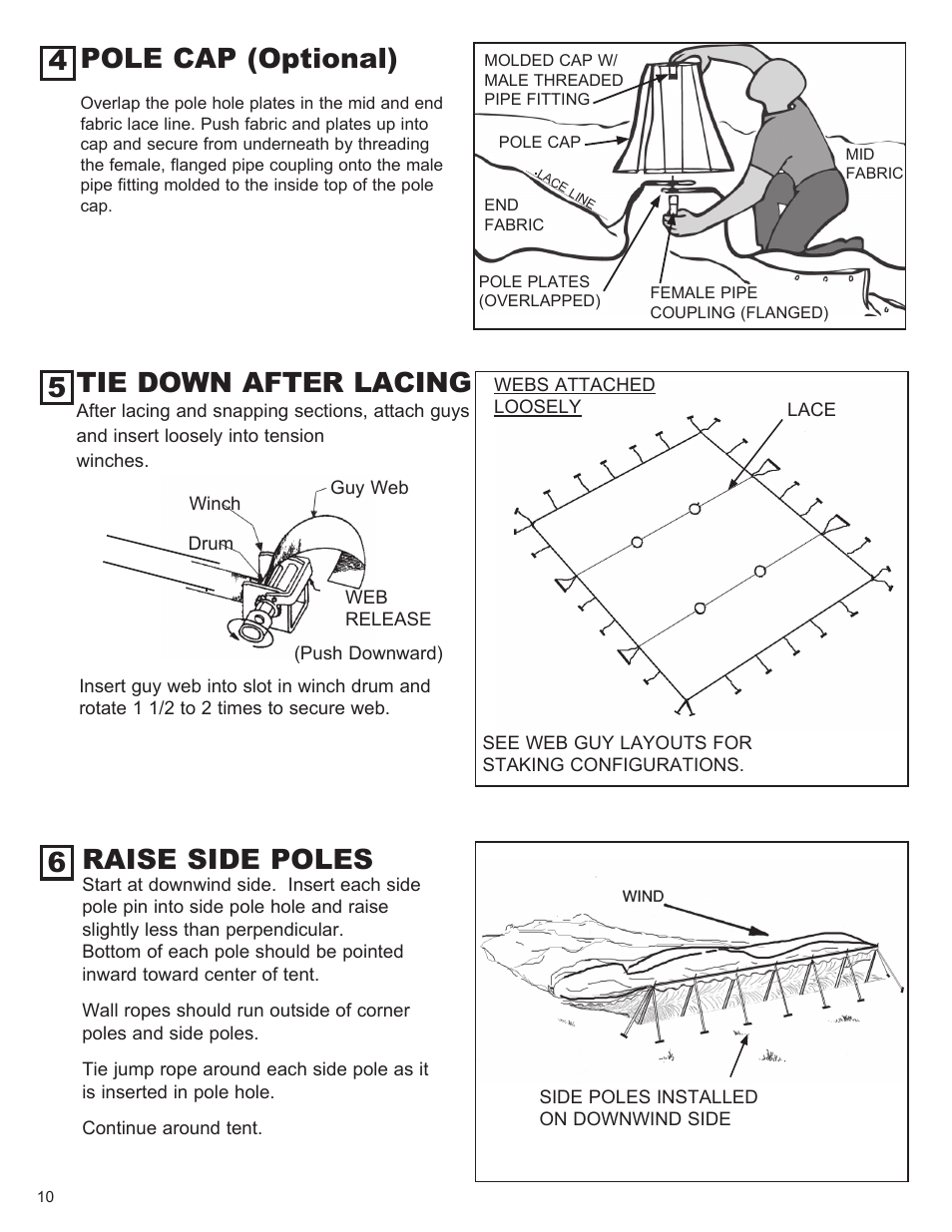 Tie down after lacing, Raise side poles, Pole cap (optional) | Anchor CENTURY 60 WIDE User Manual | Page 10 / 14