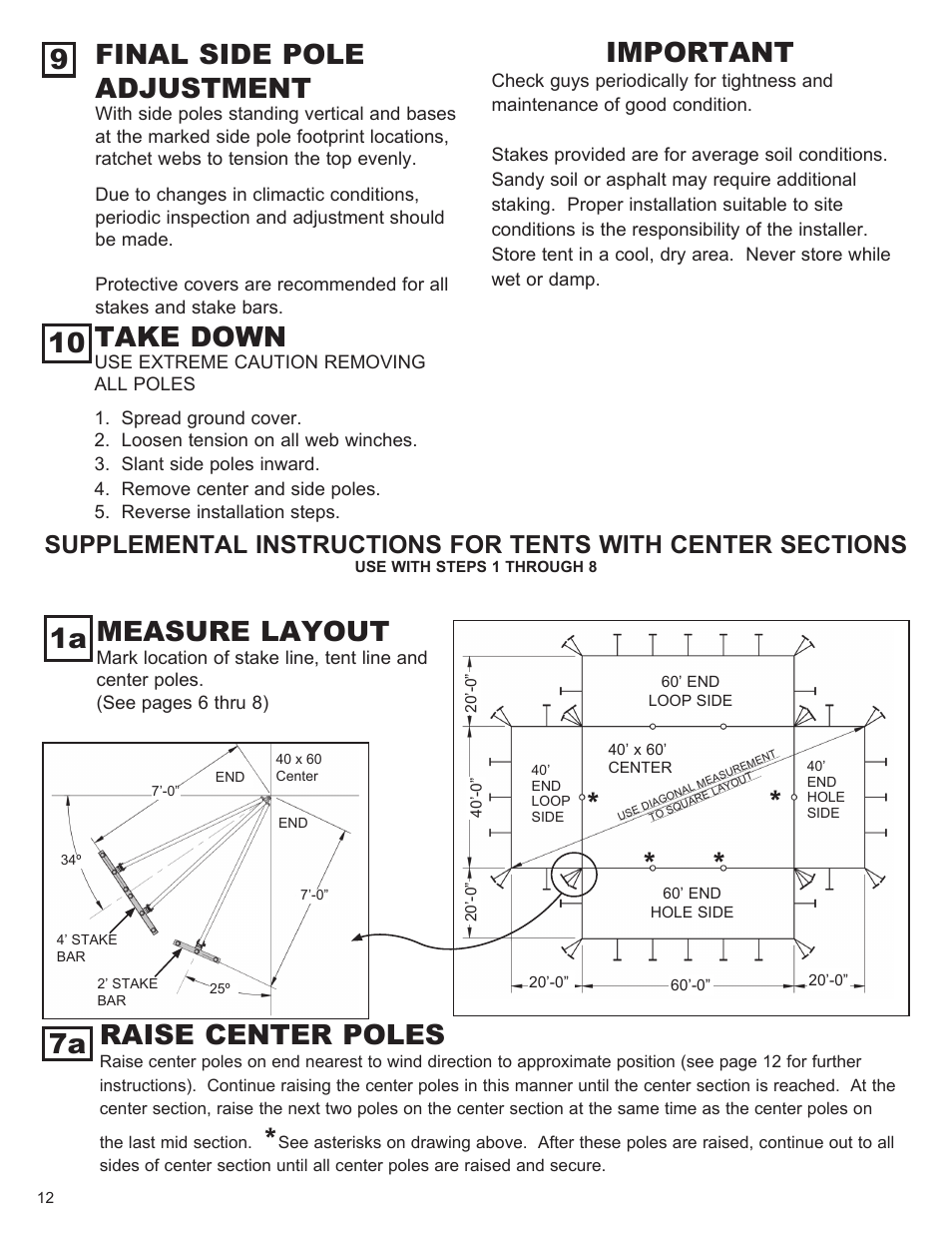 Measure layout, 9important, Take down | 10 final side pole adjustment, Raise center poles | Anchor CENTURY 60 WIDE User Manual | Page 12 / 14