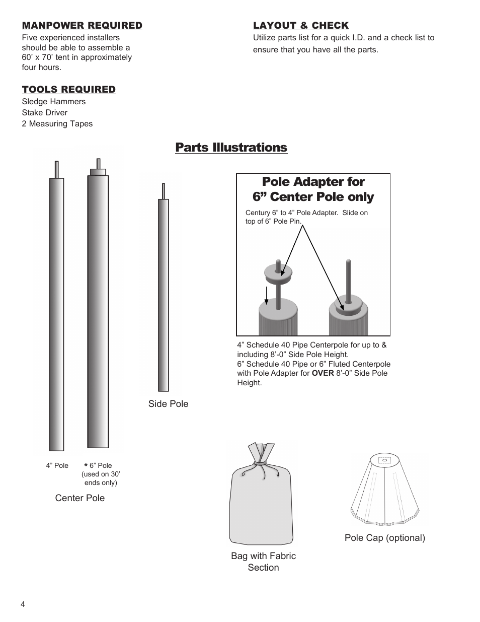Parts illustrations, Pole adapter for 6” center pole only | Anchor CENTURY 60 WIDE User Manual | Page 4 / 14