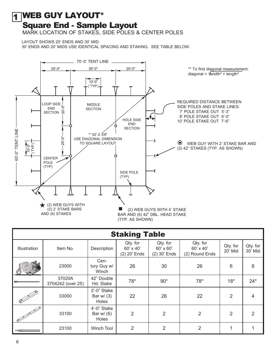 1 web guy layout* square end - sample layout, Staking table | Anchor CENTURY 60 WIDE User Manual | Page 6 / 14