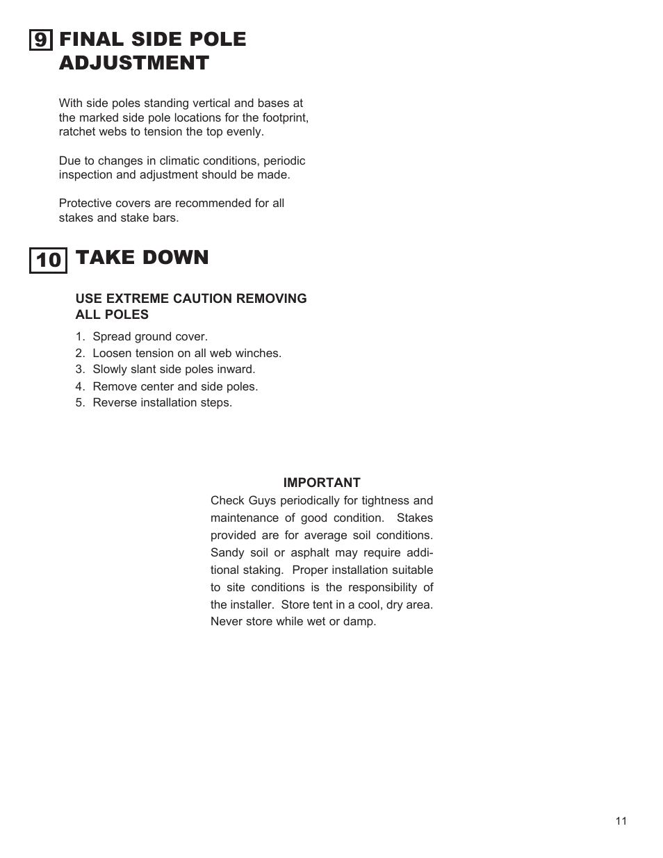 Take down, Final side pole adjustment | Anchor CENTURY 80 WIDE User Manual | Page 11 / 12