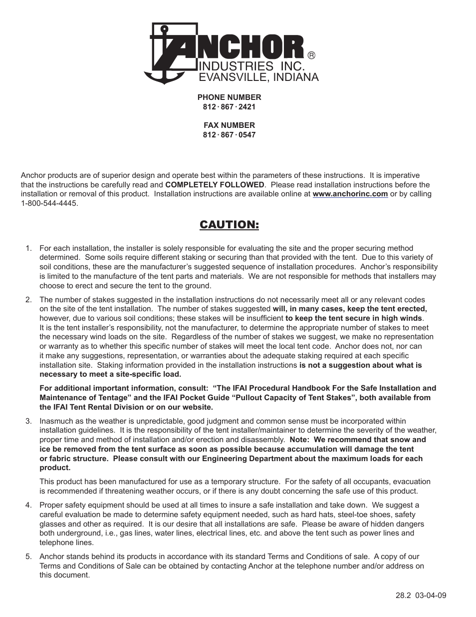 Evansville, indiana, Caution | Anchor CENTURY 80 WIDE User Manual | Page 12 / 12