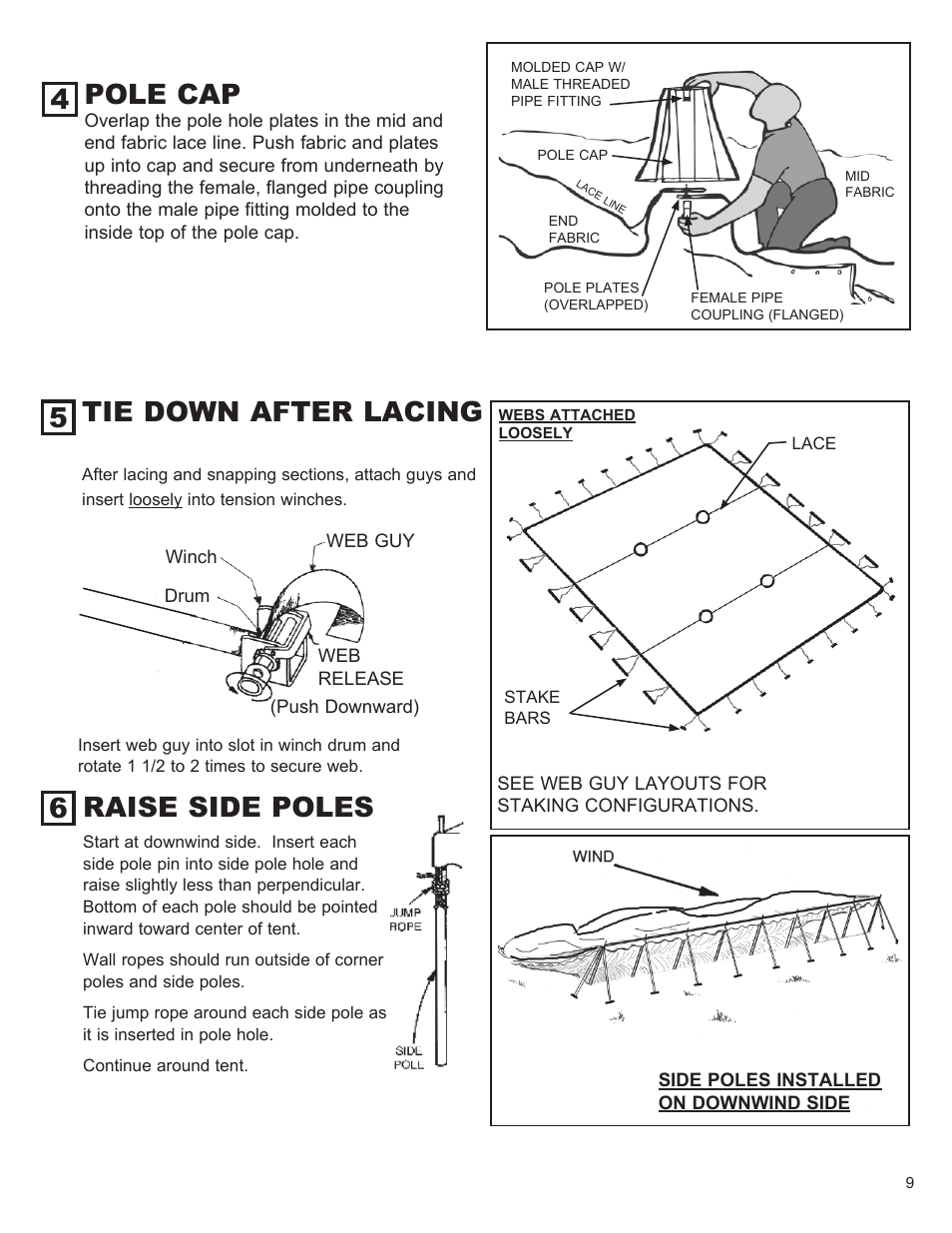 Pole cap, Tie down after lacing, Raise side poles | Anchor CENTURY 80 WIDE User Manual | Page 9 / 12