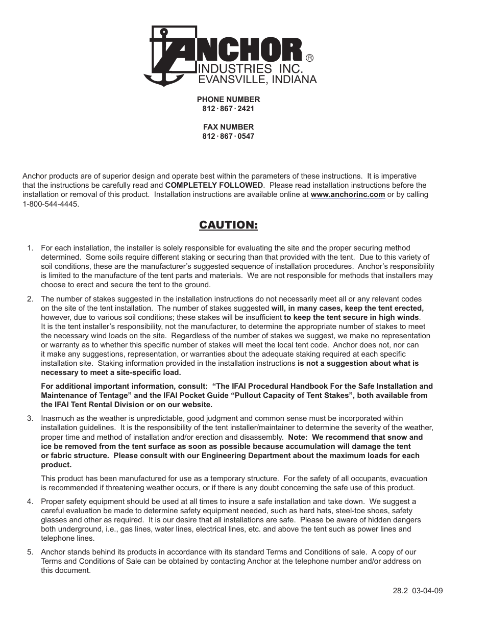 Caution, Evansville, indiana | Anchor CENTURY 100 WIDE, ONE-PIECE User Manual | Page 14 / 14