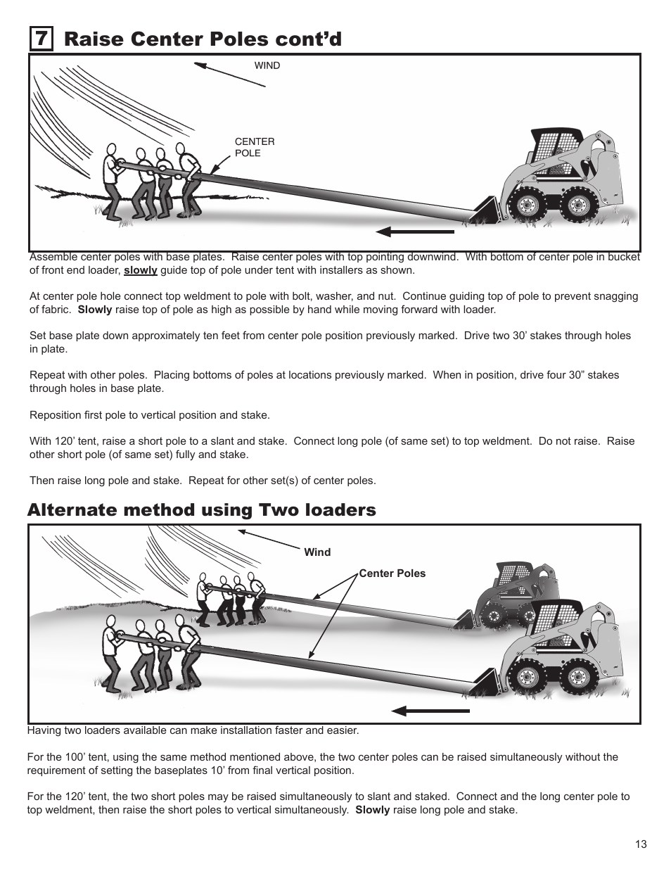 Raise center poles cont’d, Alternate method using two loaders | Anchor CENTURY 100 & 120 WIDE User Manual | Page 13 / 15