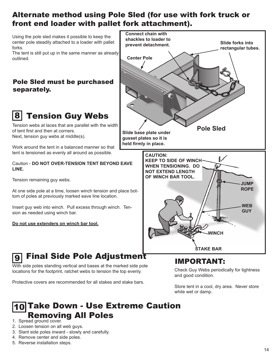 Take down - use extreme caution removing all poles, Tension guy webs, Final side pole adjustment | Important | Anchor CENTURY 100 & 120 WIDE User Manual | Page 14 / 15